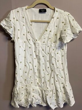VICI Cream V-Neck Ruffle Hem mini dress with Green Palm. Size S
